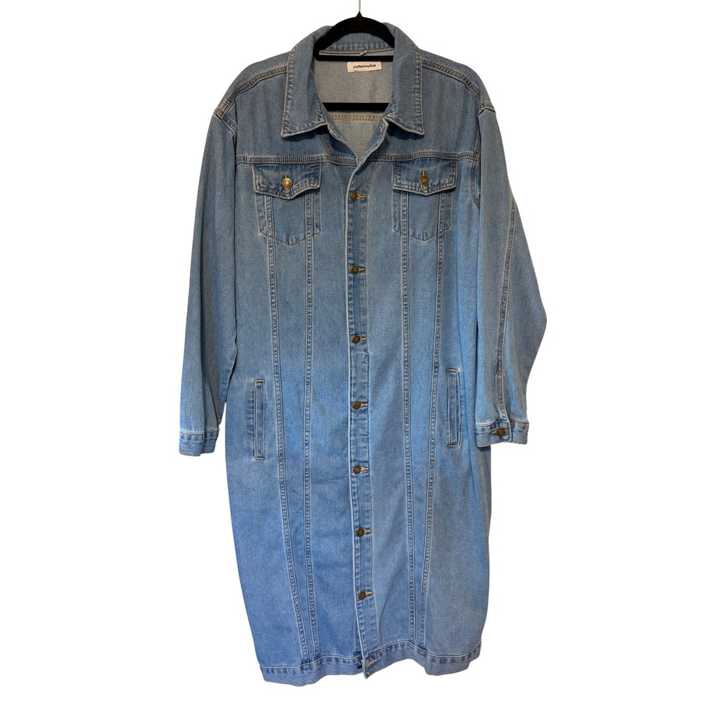Jofemuho Denim Trench Coat Longline Duster Jean Jacket Light Wash Dress Womens L